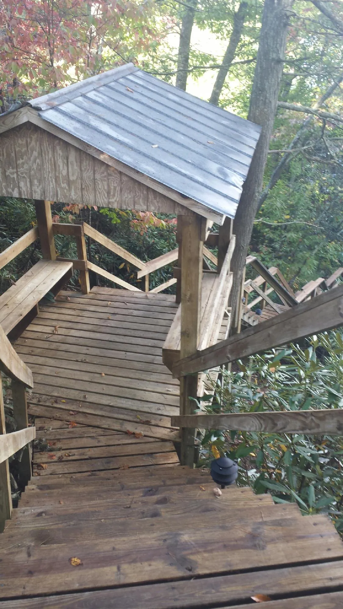 Metal roofed shelter over wooden steps on a wooded walkway — Skylight Repair & Installation work by our crew in Grand Valley